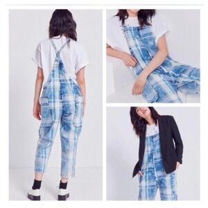 Urban Outfitters BDG Plaid Carpenter Cropped Overalls Blue Yellow Size Small